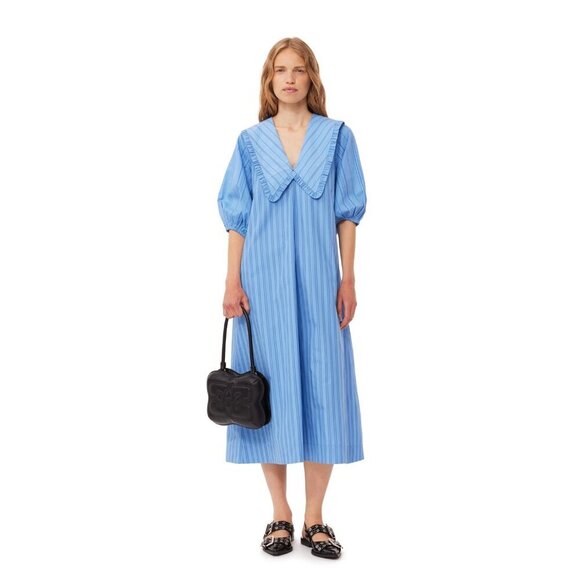 Ganni Re-Cut Striped Cotton V-Neck Midi Dress Blue Puff Sleeve - Picture 2 of 13